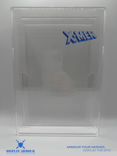 Empty acrylic display case for Toy Biz 1990s X-Men action figures — premium 4mm UV-protected case by Display Armour featuring SecureRail™ technology.