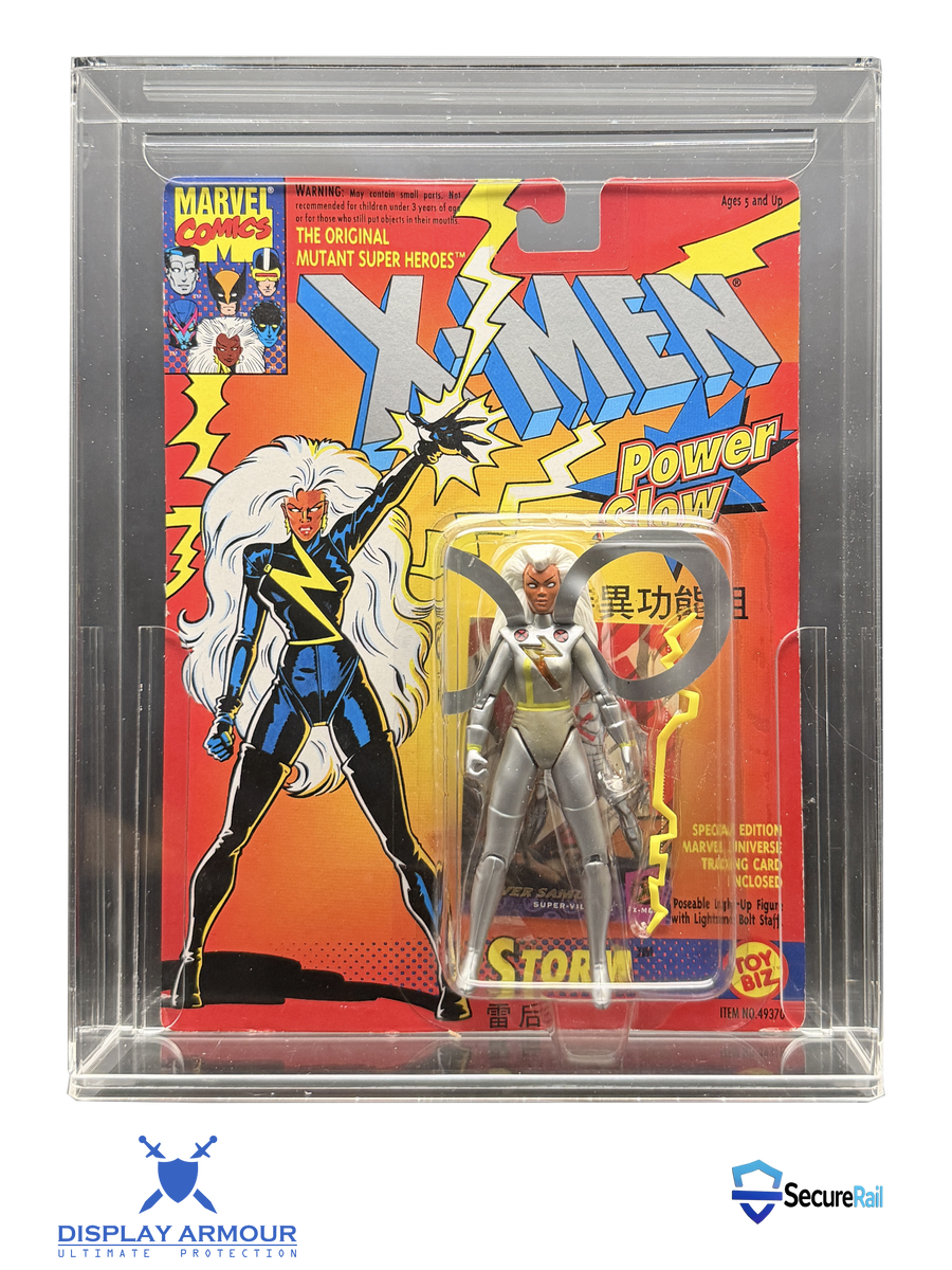 Acrylic display case for Toy Biz 1990s X-Men action figures — premium 4mm UV-protected case by Display Armour featuring SecureRail™ technology.