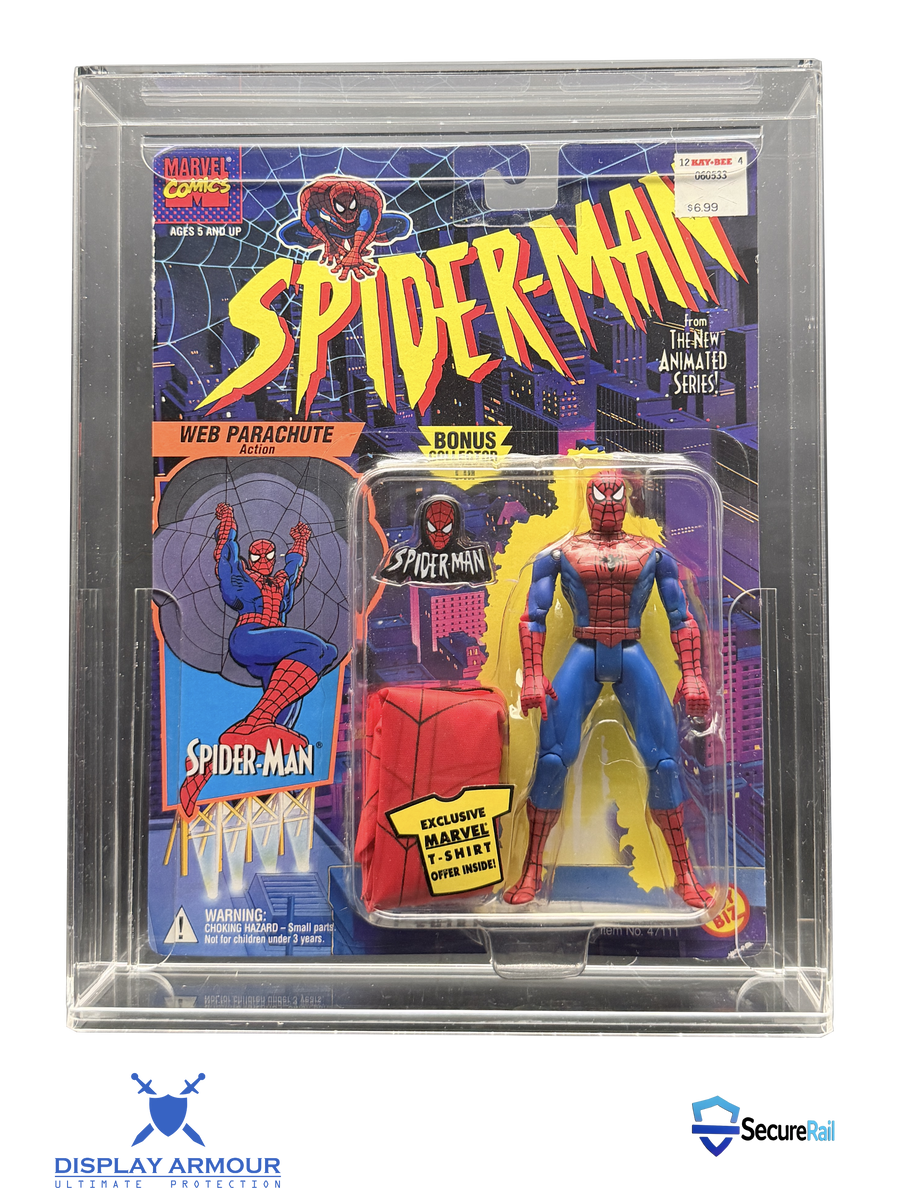 Spider-Man The Animated Series acrylic display case for MOC action figures by Display Armour with UV protection and SecureRail system