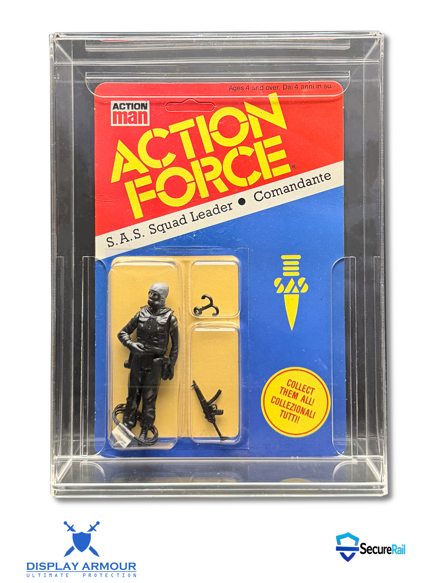 Palitoy Action Force MOC action figure in Display Armour acrylic display case with UV protection and SecureRail technology