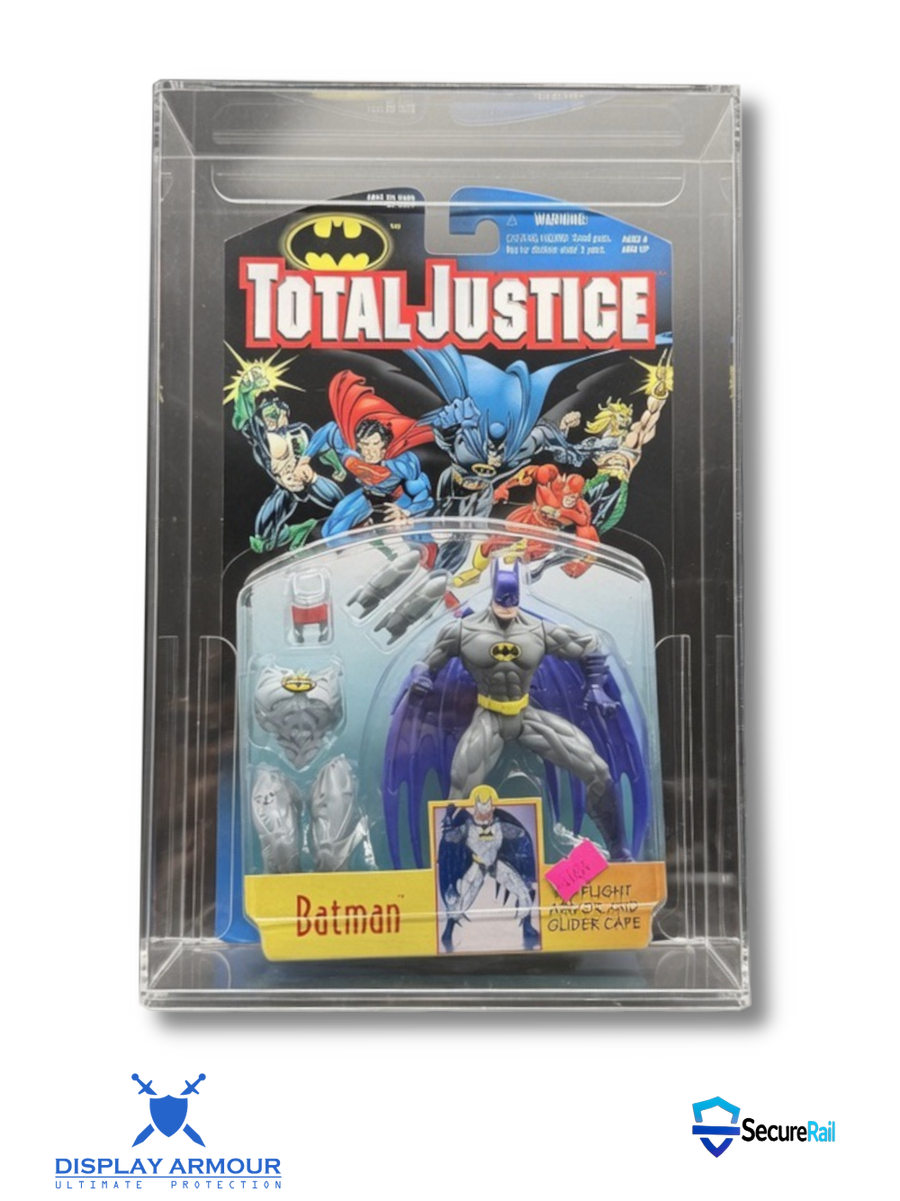DC Total Justice Kenner acrylic display case protecting a mint on card Batman action figure by Display Armour