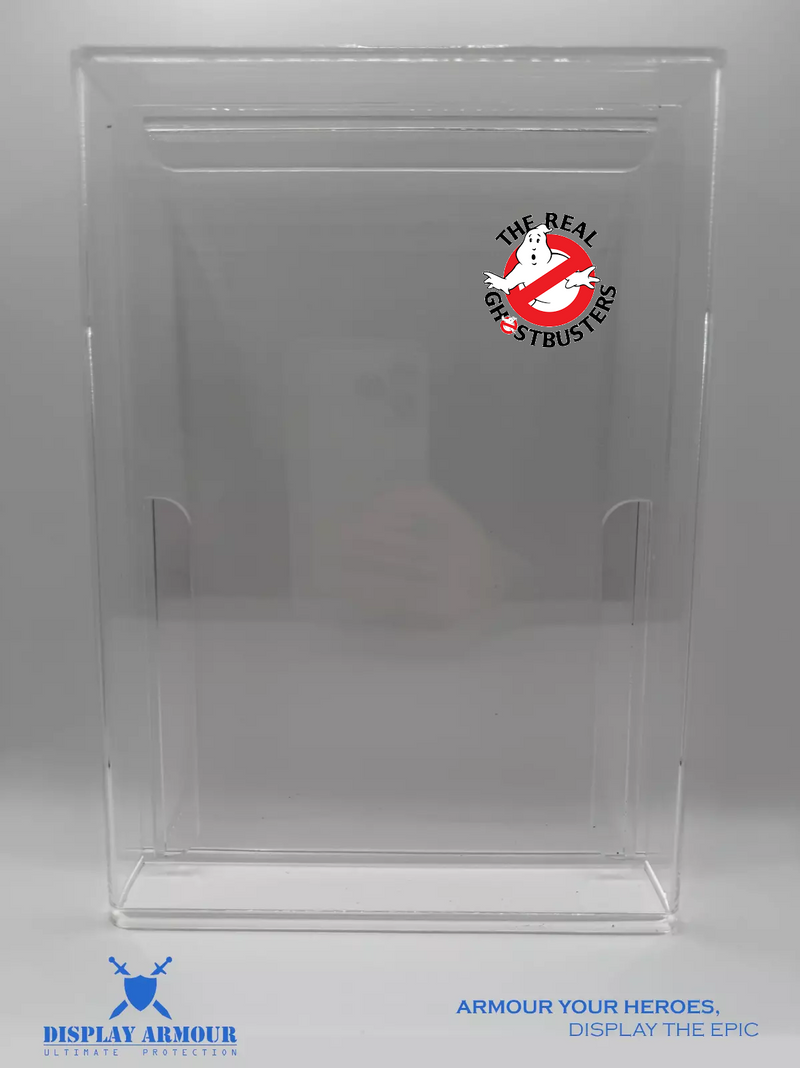 Ghostbusters Kenner display cases by Display Armour — premium 4mm UV-protected acrylic cases custom-fit for vintage Kenner Ghostbusters mint-on-card figures, offering superior clarity and long-term collector protection.