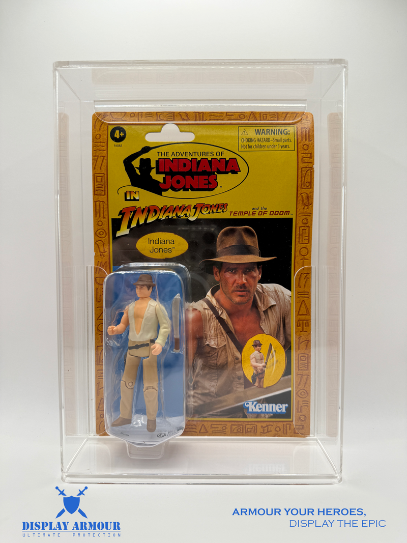 Indiana Jones UV acrylic display cases by Display Armour — precision-fit 4 mm UV-protected acrylic cases designed for mint-on-card Indiana Jones action figures, delivering premium clarity, protection, and display quality for collectors.