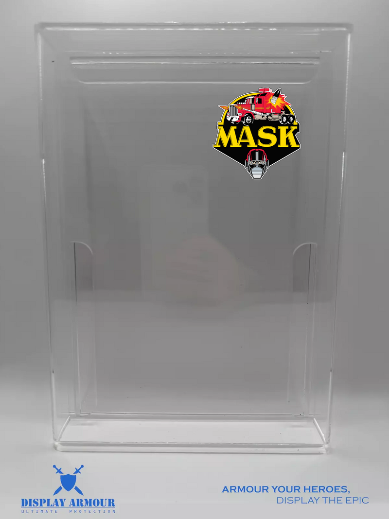 M.A.S.K. acrylic display cases by Display Armour — premium 4mm UV-protected cases custom-fit for vintage Kenner M.A.S.K. mint-on-card figures, providing superior protection, clarity, and collector-grade presentation.