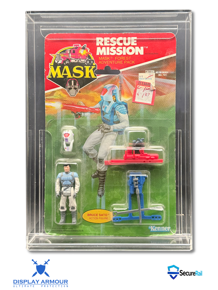 M.A.S.K. acrylic display cases by Display Armour — premium 4mm UV-protected cases custom-fit for vintage Kenner M.A.S.K. mint-on-card figures, providing superior protection, clarity, and collector-grade presentation.