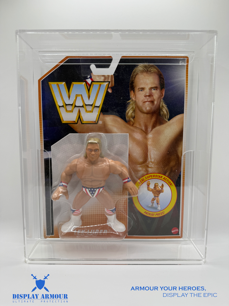 WWE Mattel Retro acrylic display cases by Display Armour — premium 4 mm UV-protected protection for mint-on-card wrestling figures, designed to preserve and showcase your modern retro WWE collectibles.