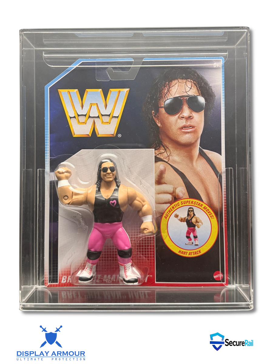 WWE Mattel Retro acrylic display cases by Display Armour — premium 4 mm UV-protected protection for mint-on-card wrestling figures, designed to preserve and showcase your modern retro WWE collectibles.