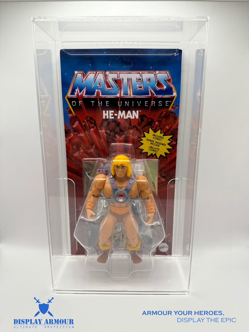 Masters of the Universe acrylic display cases by Display Armour — premium 4mm UV-protected cases custom-fit for vintage MOTU mint-on-card figures, delivering museum-grade clarity and protection for He-Man and classic Eternia heroes.