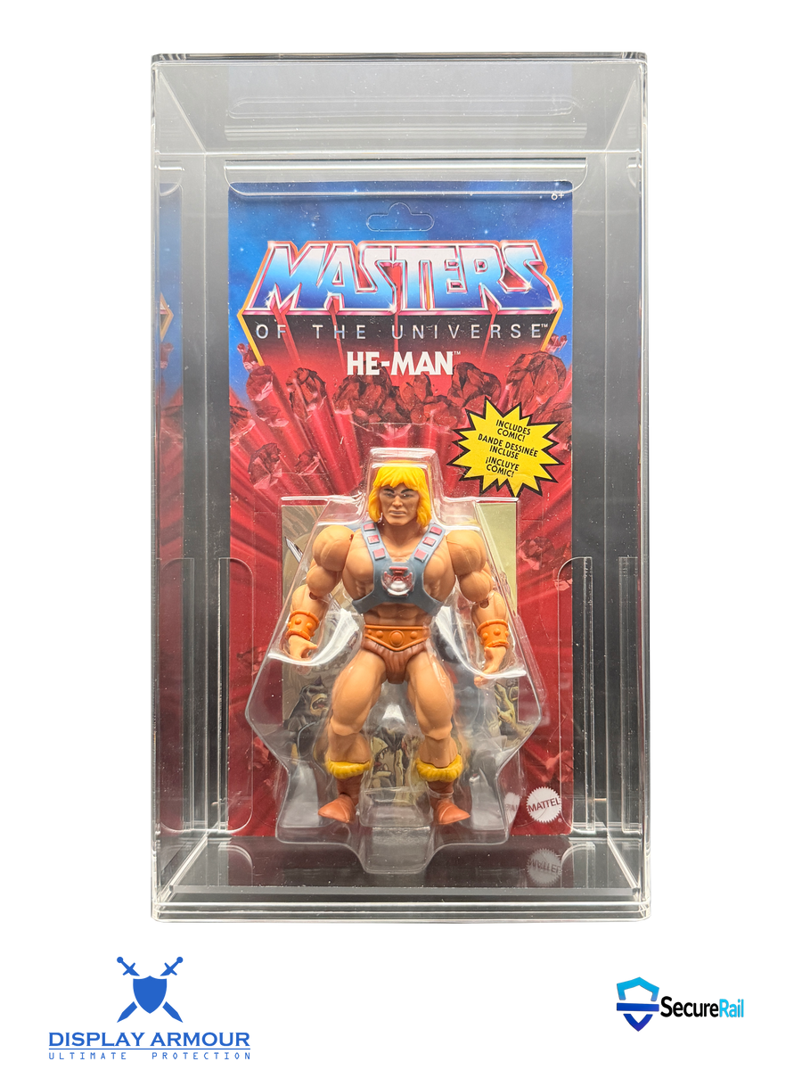 Masters of the Universe acrylic display cases by Display Armour — premium 4mm UV-protected cases custom-fit for vintage MOTU mint-on-card figures, delivering museum-grade clarity and protection for He-Man and classic Eternia heroes.