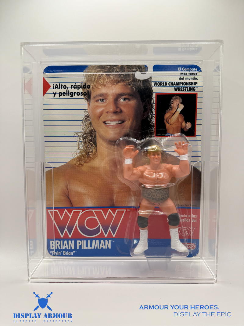 WCW Galoob acrylic display cases by Display Armour — premium 4mm UV-protected cases custom-fit for vintage WCW Galoob mint-on-card wrestling figures, offering crystal-clear protection and display quality.