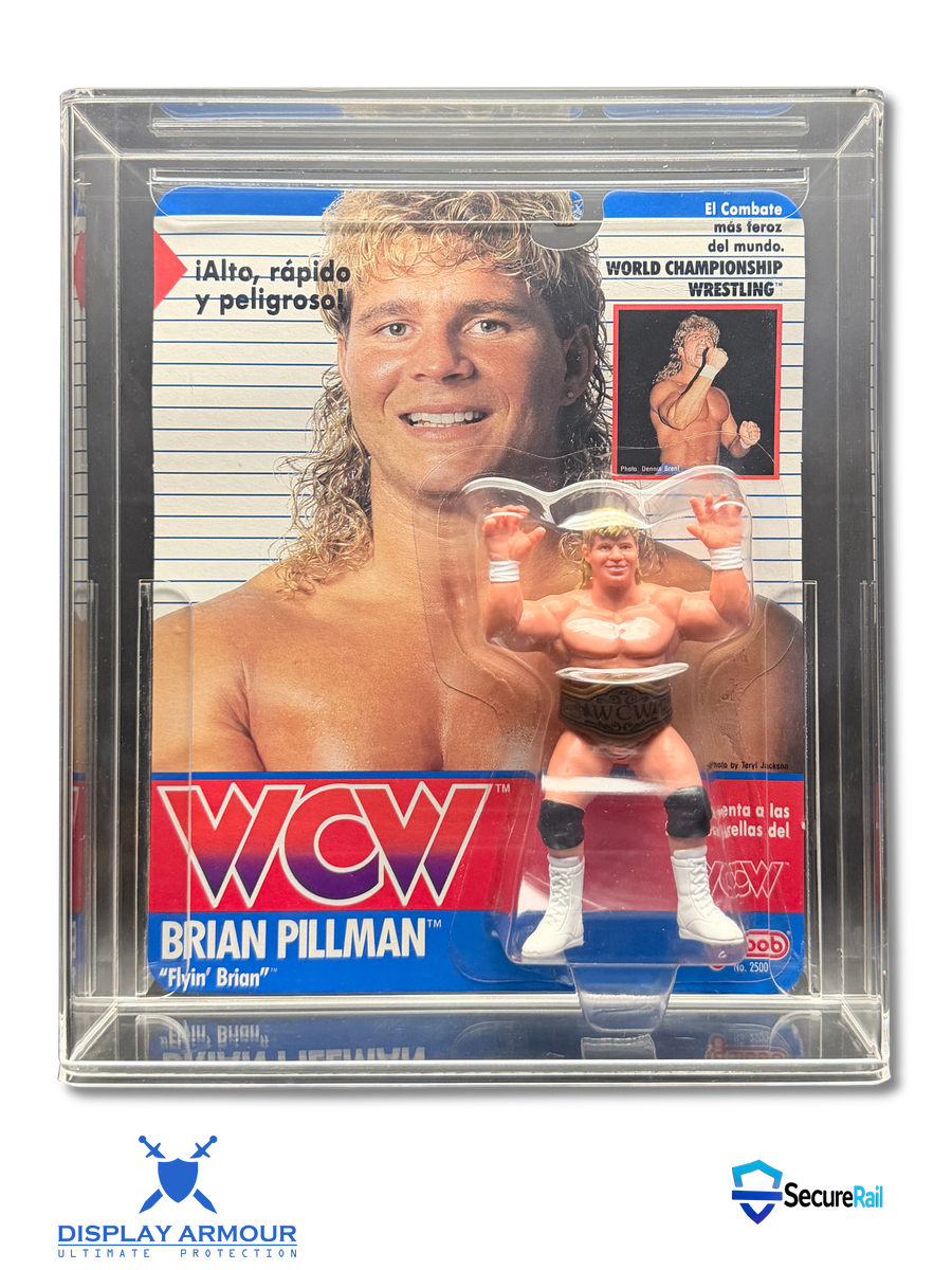 WCW Galoob acrylic display cases by Display Armour — premium 4mm UV-protected cases custom-fit for vintage WCW Galoob mint-on-card wrestling figures, offering crystal-clear protection and display quality.