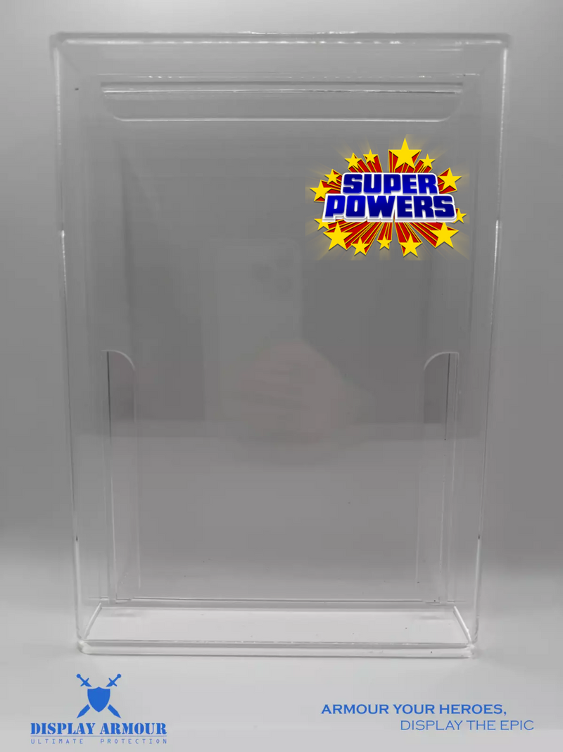 Super Powers acrylic display cases by Display Armour — precision-fit 4 mm UV-protected cases designed for vintage Kenner Super Powers mint-on-card figures, providing premium protection and crystal-clear display quality.