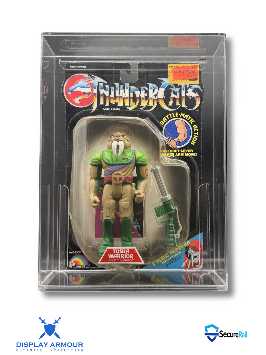 Thundercats acrylic display cases by Display Armour — premium 4 mm UV-protected cases custom-fit for vintage Thundercats mint-on-card figures, offering crystal-clear protection and long-term preservation for collectors.