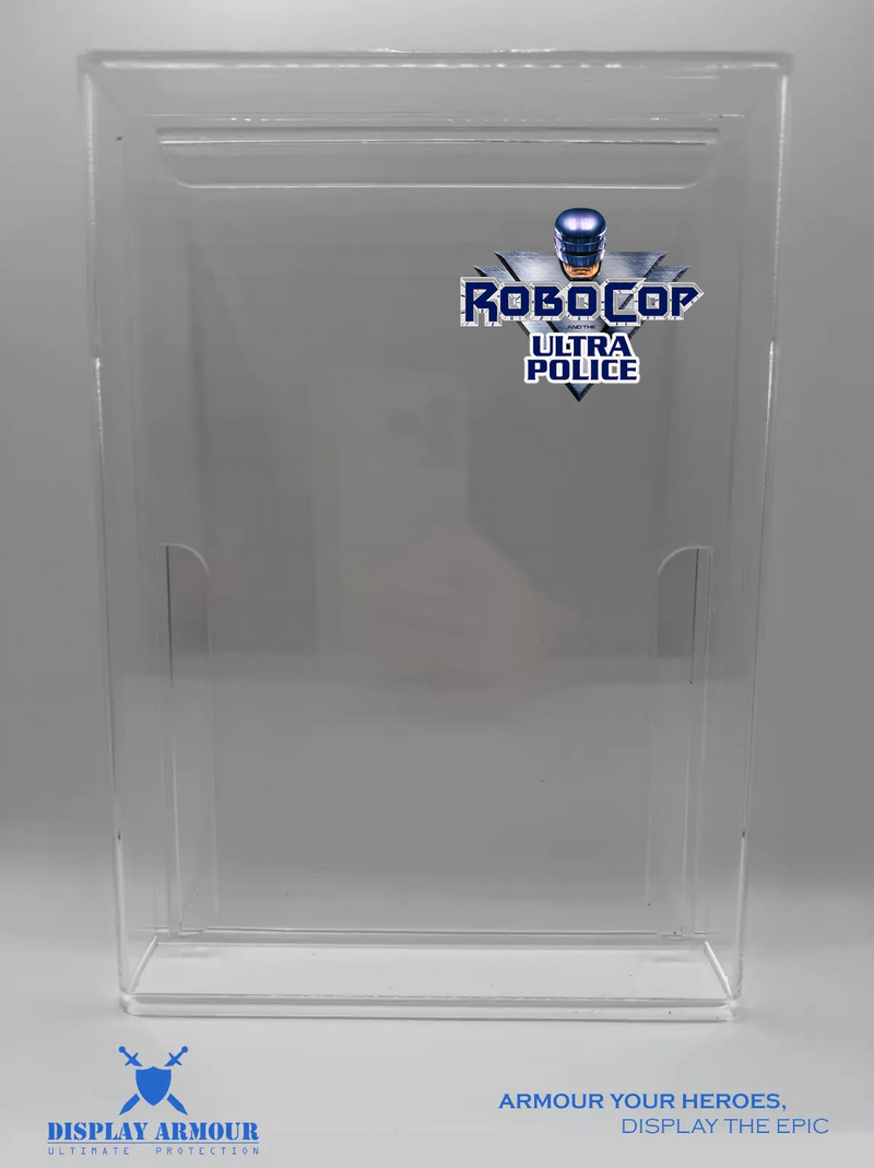 RoboCop: Ultra Police UV acrylic display cases by Display Armour — premium 4 mm UV-protected acrylic cases engineered for mint-on-card RoboCop figures, offering secure protection, crystal-clear visibility, and long-term preservation for collectors.