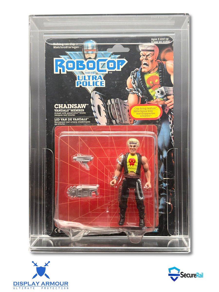 RoboCop: Ultra Police UV acrylic display cases by Display Armour — premium 4 mm UV-protected acrylic cases engineered for mint-on-card RoboCop figures, offering secure protection, crystal-clear visibility, and long-term preservation for collectors.