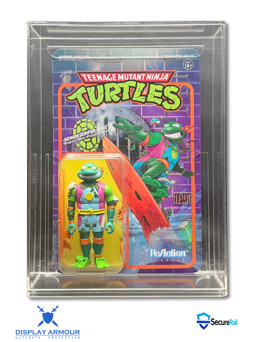 Super7 ReAction acrylic display cases by Display Armour — premium 4mm UV-protected cases designed for Super7 ReAction mint-on-card figures, offering crystal-clear presentation and long-term collector protection.