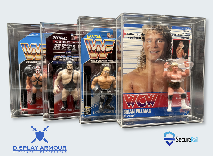 Three WWF Hasbro 1990–1994 mint on card wrestling figures displayed in Display Armour UV-protected 4mm acrylic cases including Hulk Hogan and Andre The Giant