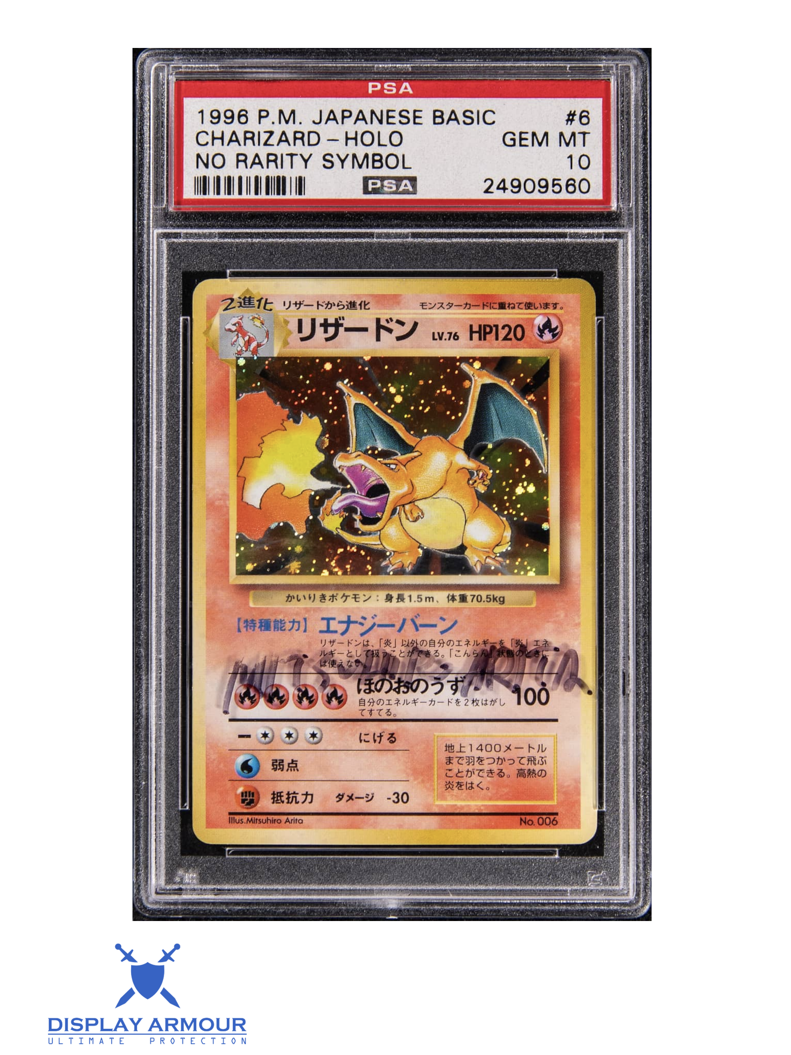 1996 Japanese Base Set No Rarity Charizard holographic Pokémon card in a PSA Gem Mint 10 slab