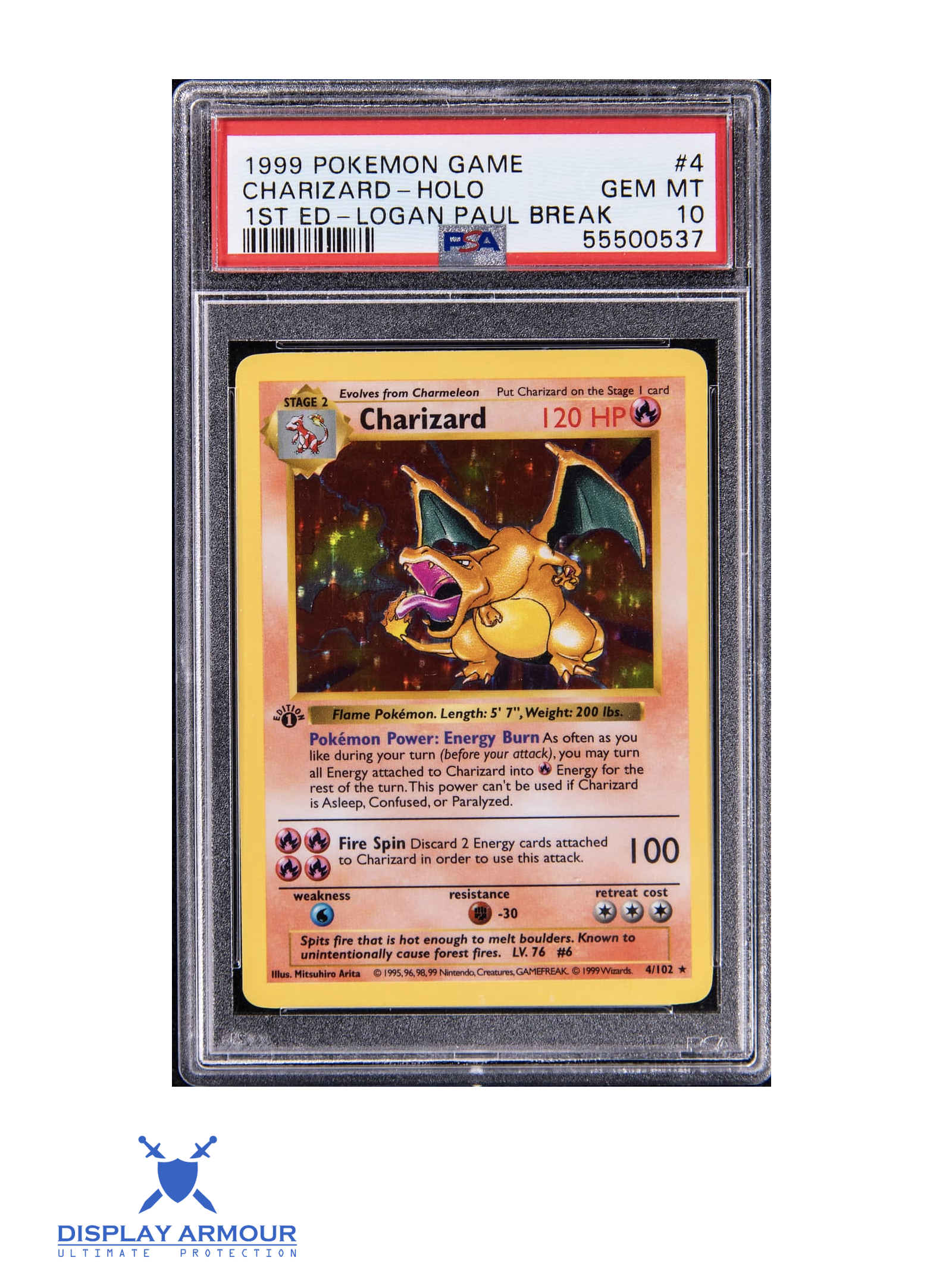 1999 Base Set 1st Edition Shadowless Charizard 4/102 Pokémon card in a PSA Gem Mint 10 slab labelled Logan Paul