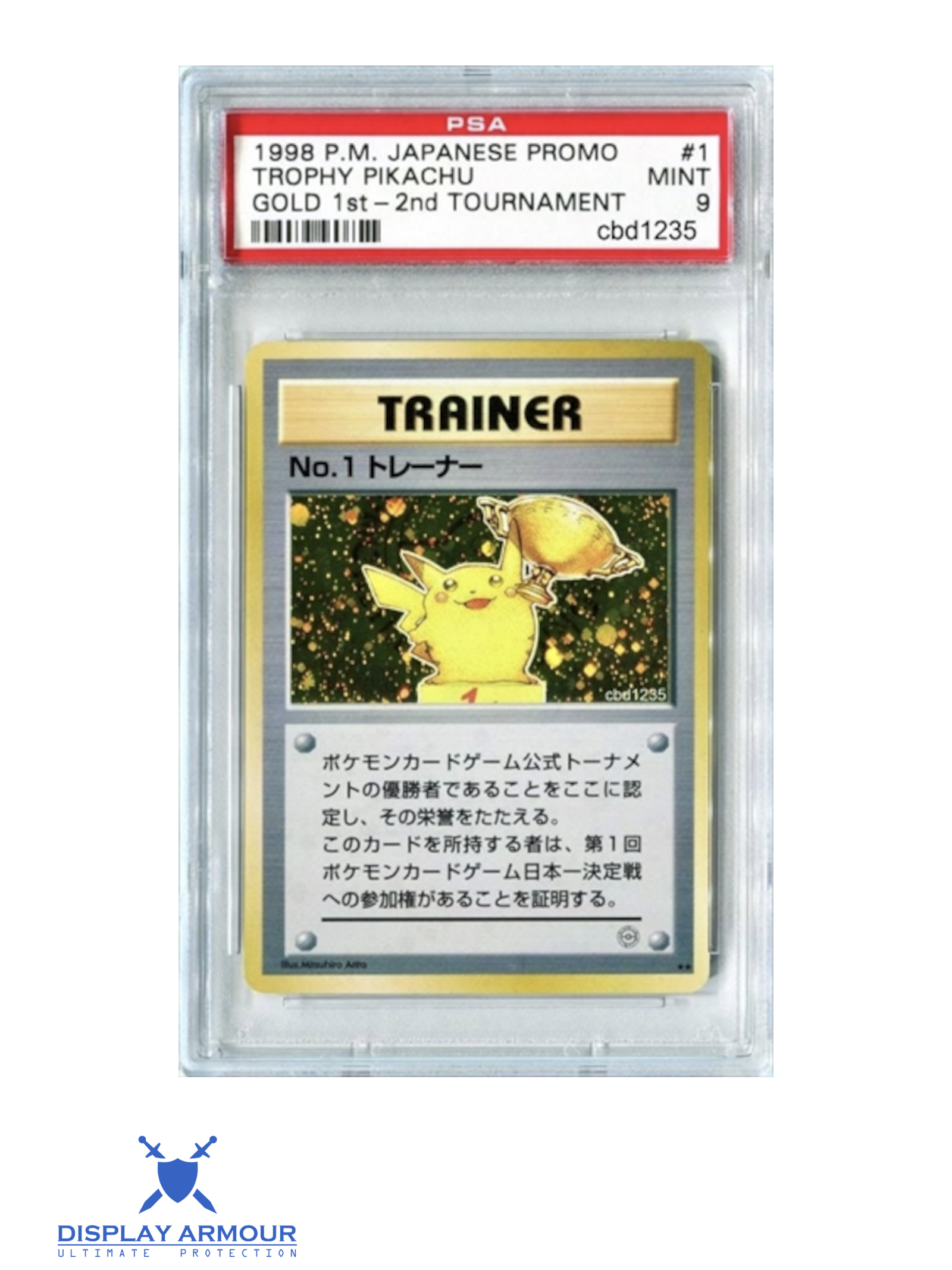 Auction photograph of Gold Trophy Pikachu No. 1 Trainer, 1998 Second Tournament Pokémon trophy card