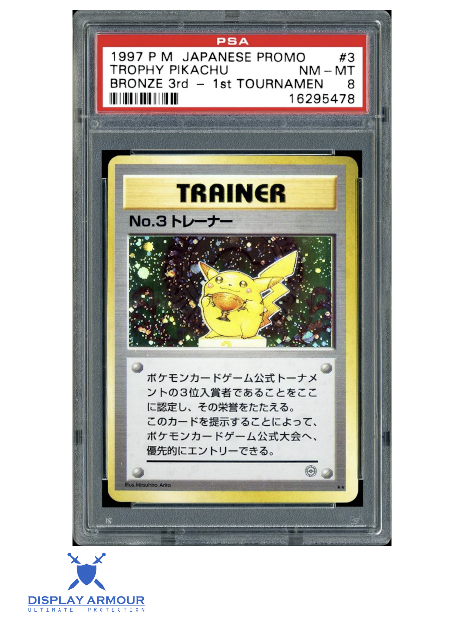 Auction photograph of Bronze Trophy Pikachu No. 3 Trainer, 1997 First Tournament Pokémon trophy card