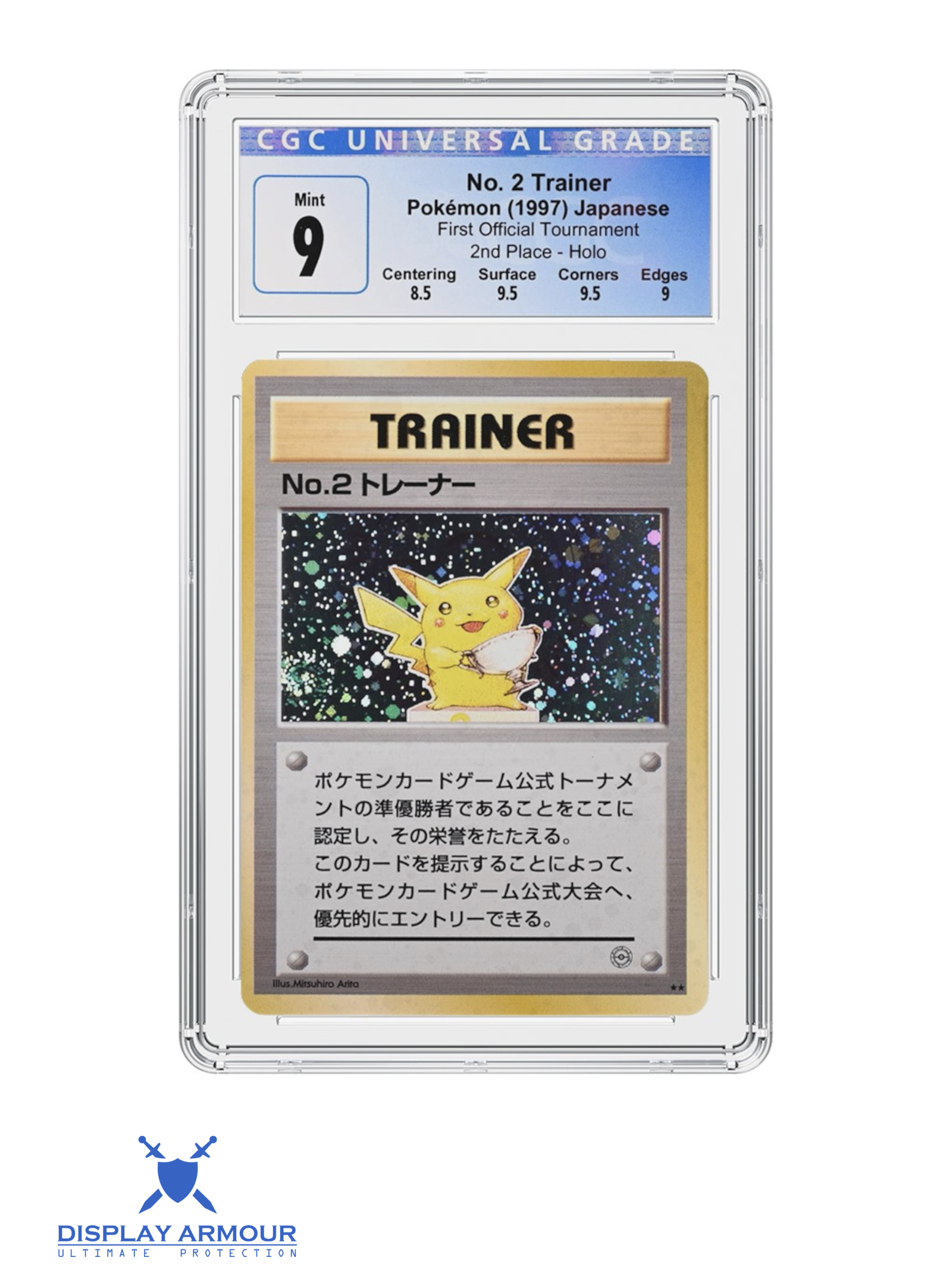 1997 First Tournament Silver Trophy Pikachu No. 2 Trainer Pokémon card in a CGC Mint 9 slab