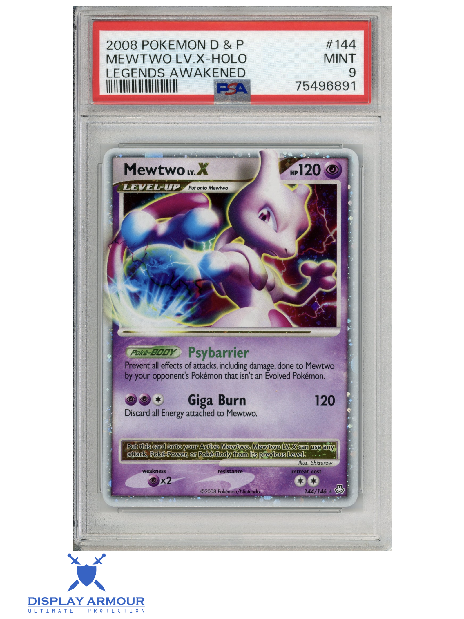 Mewtwo LV.X 144/146, Legends Awakened Pokémon card in a PSA Mint 9 slab