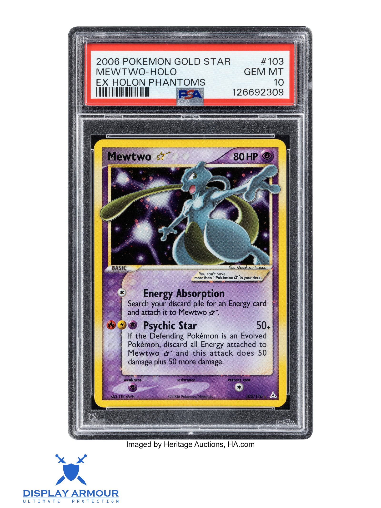 Auction photograph of Mewtwo Gold Star, EX Holon Phantoms Pokémon card