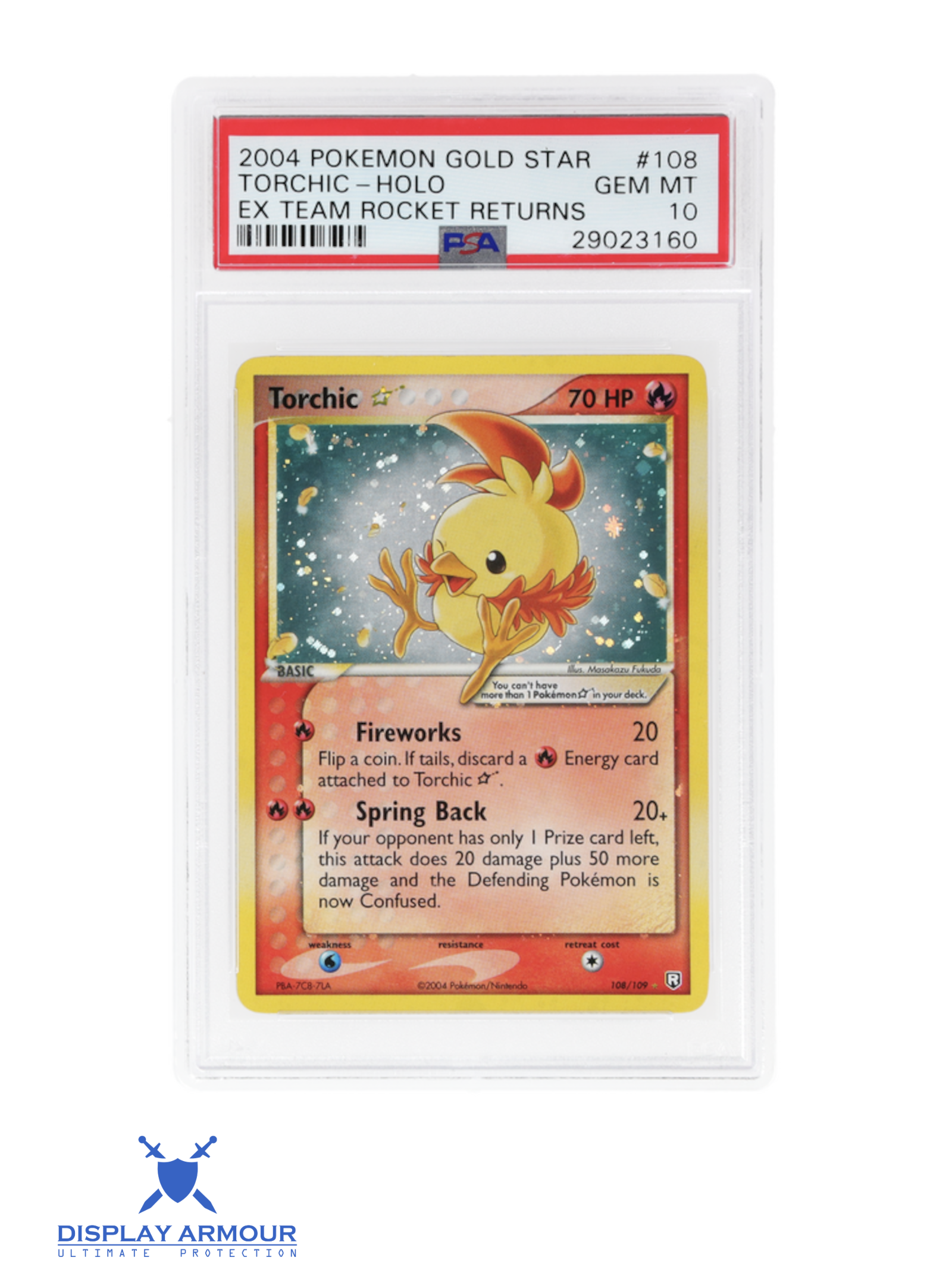 Auction photograph of 2004 EX Team Rocket Returns Torchic Gold Star 108/109, PSA Gem Mint 10