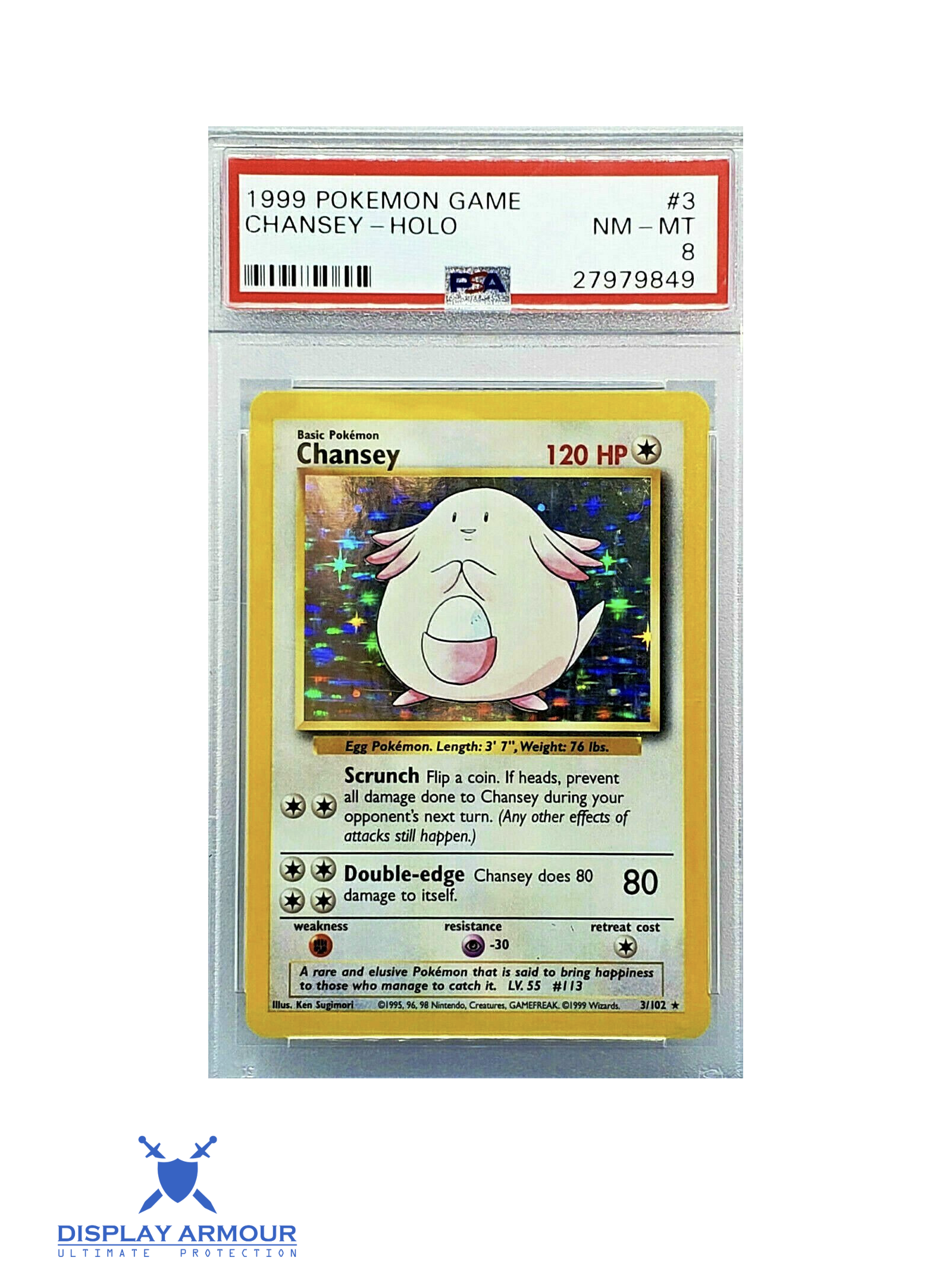 1999 Base Set Chansey holographic Pokémon card in a PSA NM-MT 8 slab