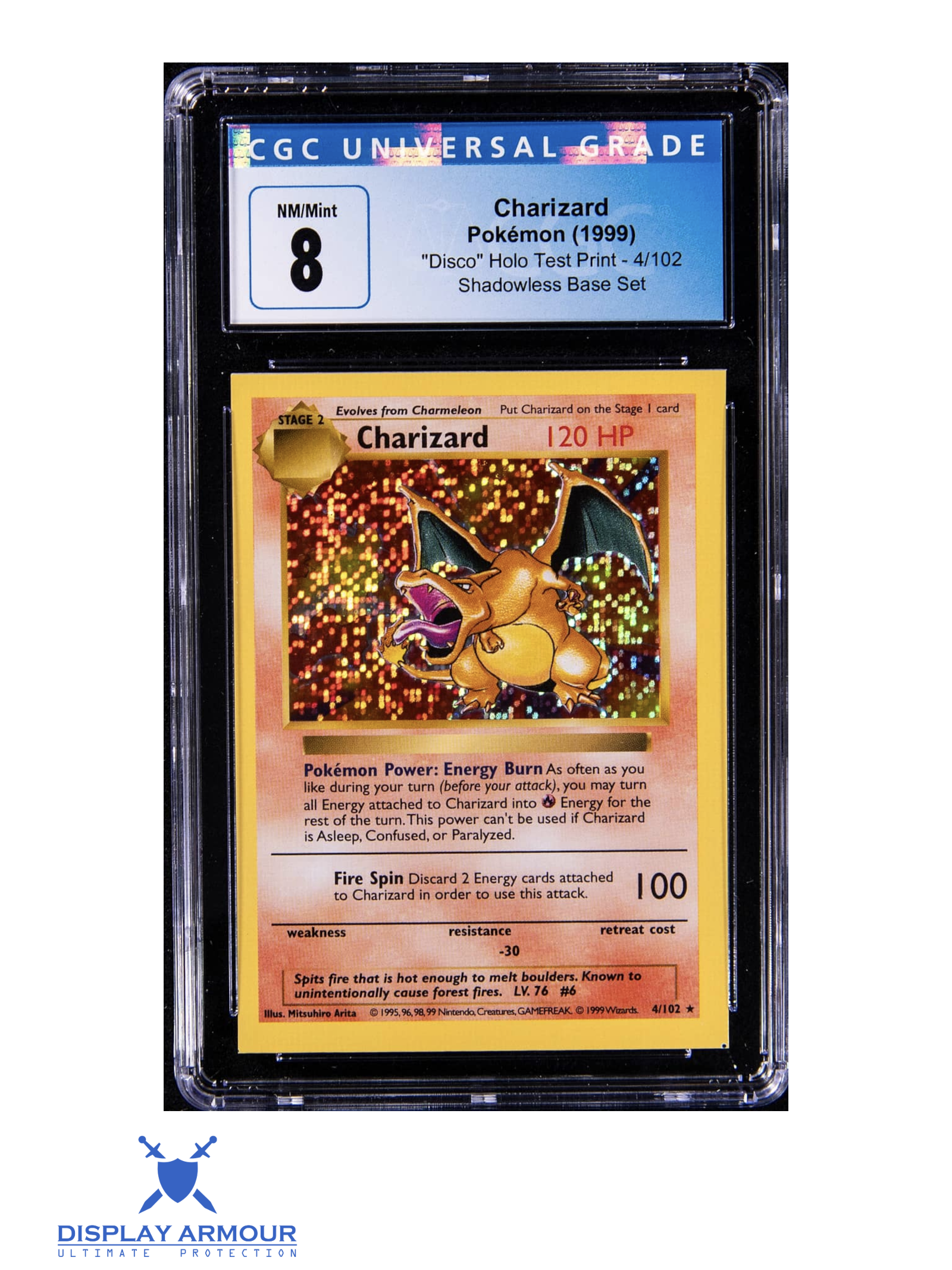 Charizard Disco Holo Test Print, Shadowless Base Set, 1999 WOTC test print, 4/102 Pokémon card