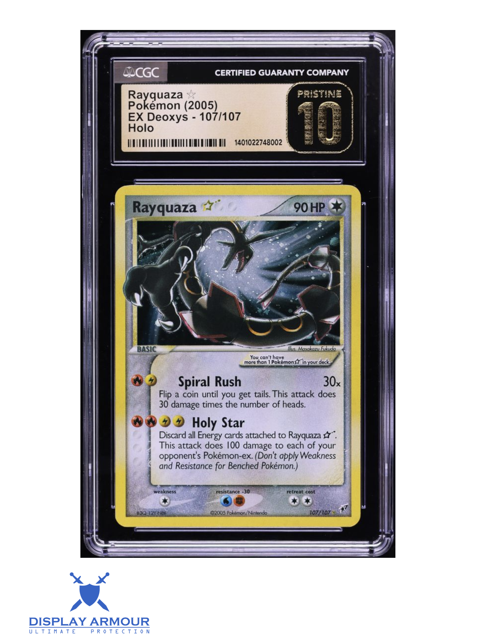 Auction photograph of 2005 EX Deoxys Rayquaza Gold Star 107/107, CGC Pristine 10
