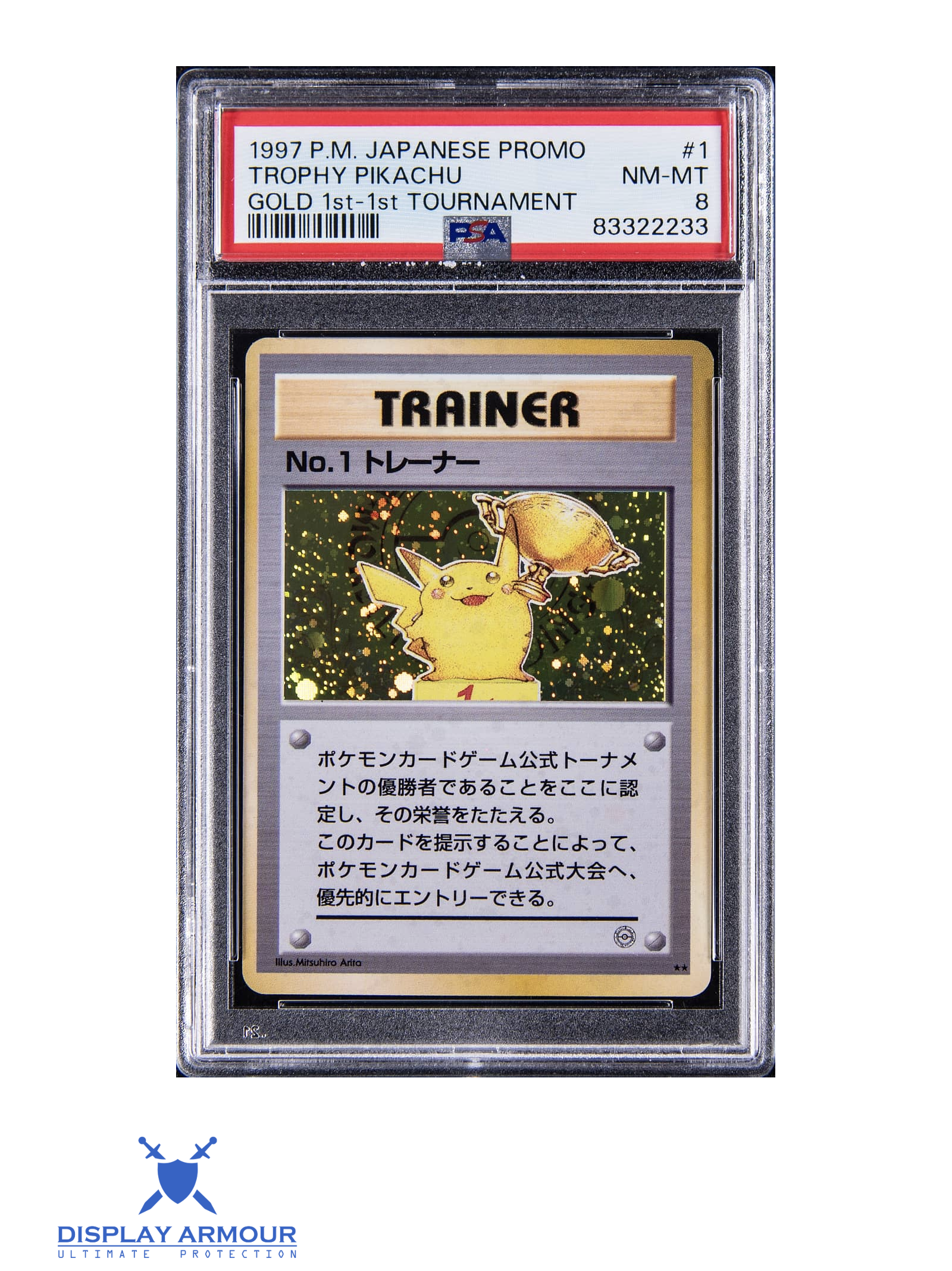 Auction photograph of 1997 First Tournament Gold Trophy Pikachu No. 1 Trainer, PSA 8