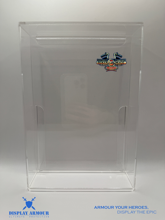 Front view of Biker Mice display case by Display Armour, showing design and protective features.