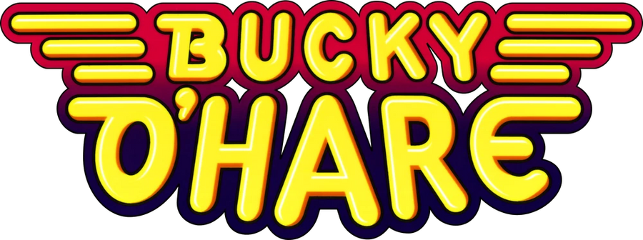 Logo of Bucky O'Hare with colorful text and wing-like designs.