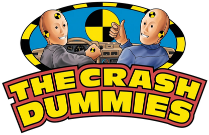The Crash Dummies logo featuring two cartoon crash test dummies behind a large yellow title with red and black outlines on a white background.