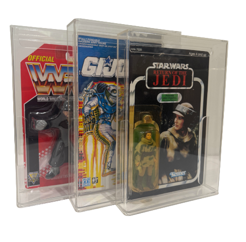Three vintage toy action figure packaging displays from different brands on a white background.