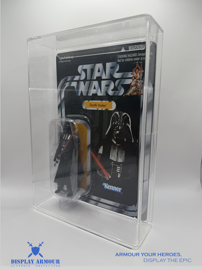 Side profile of Darth Vader TVC Mint on Card figure inside a 4mm thick Display Armour acrylic case, highlighting the depth and protection of the case for Hasbro Vintage Collection figures.