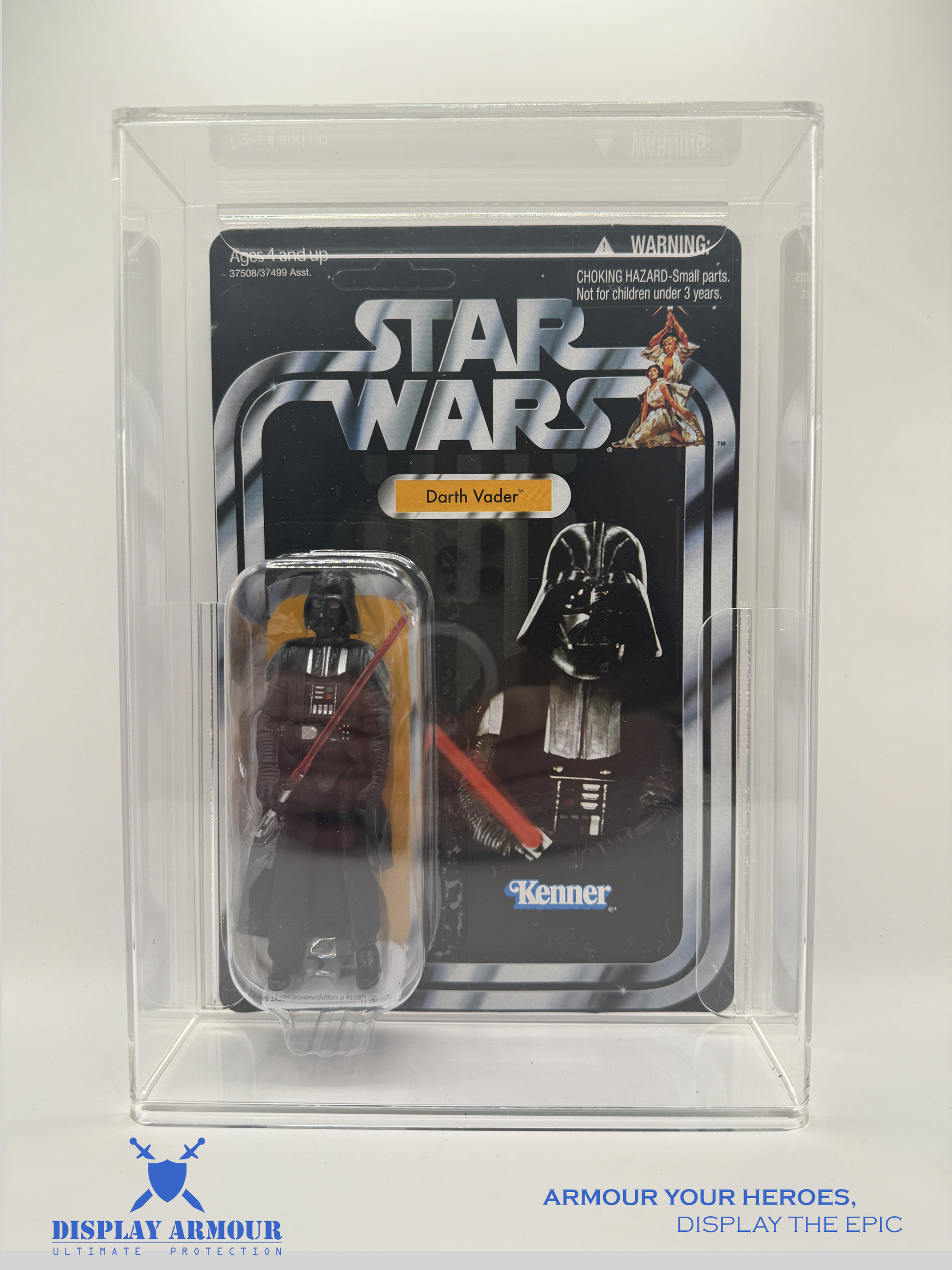 Front view of Darth Vader from Star Wars The Vintage Collection sealed in a Display Armour acrylic display case, showcasing the figure with UV-protected, crystal-clear presentation.