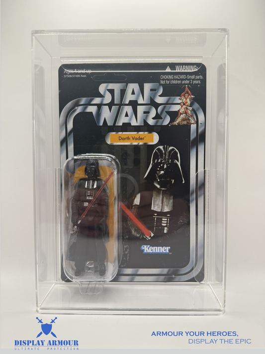 Front view of Darth Vader from Star Wars The Vintage Collection sealed in a Display Armour acrylic display case, showcasing the figure with UV-protected, crystal-clear presentation.
