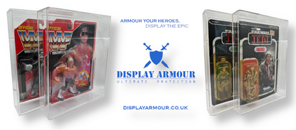 Display Armour branding banner featuring the slogan "Armour Your Heroes. Display the Epic." with premium acrylic display cases shown for Star Wars and WWF Hasbro action figures.