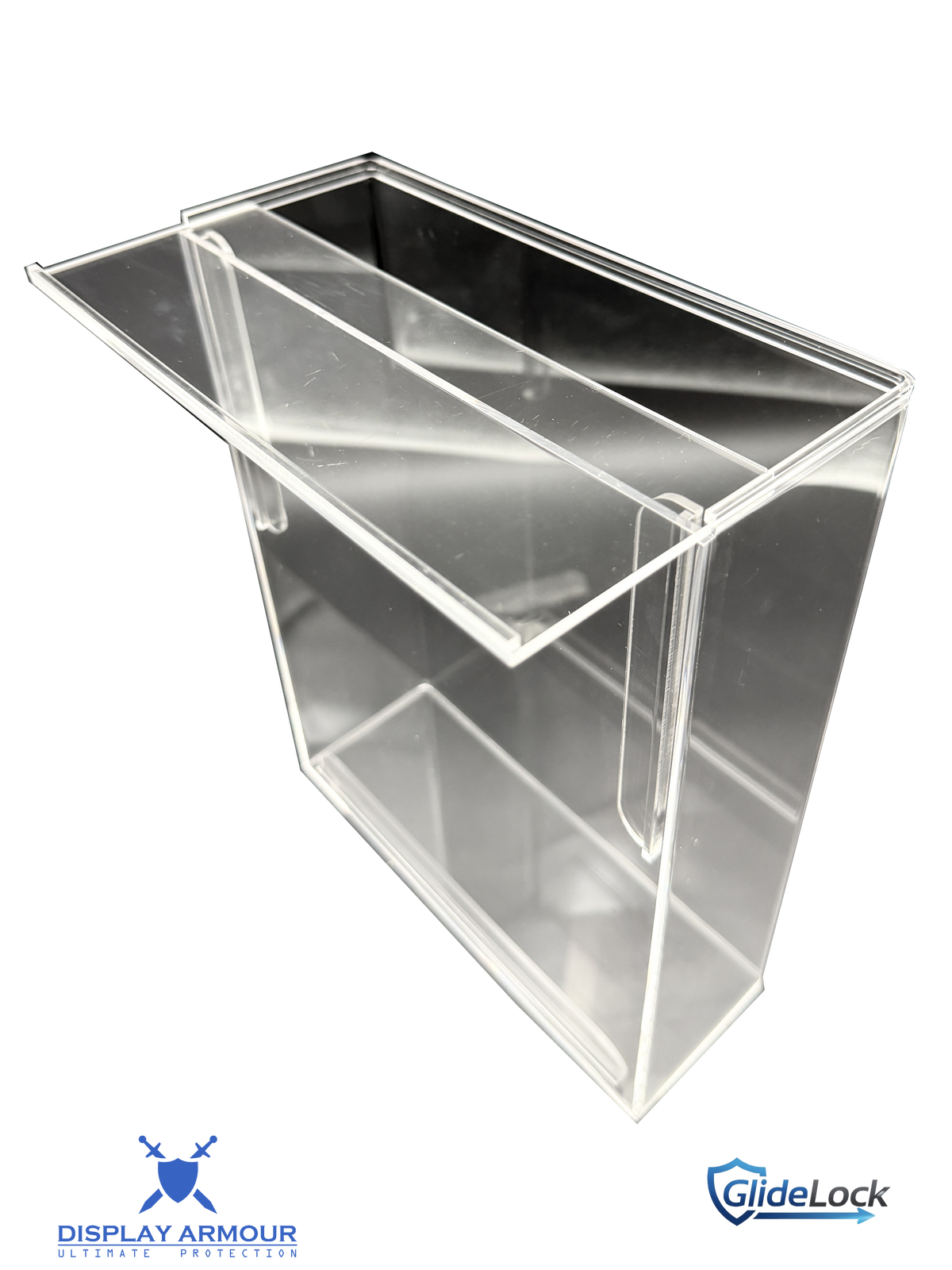 Close-up of the sliding door feature on a Display Armour display case, allowing easy access to your collection while securely protecting your figures in the clear acrylic case.