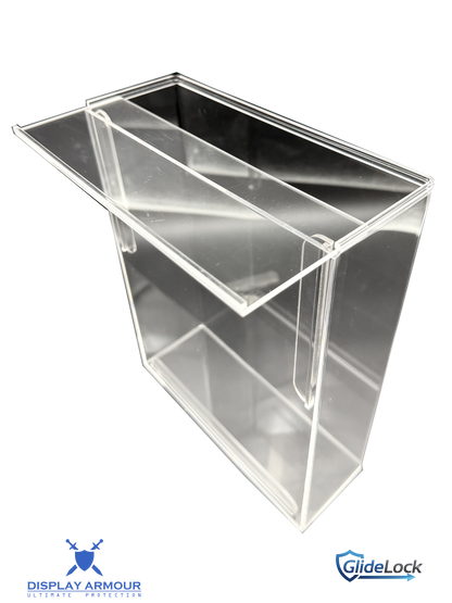 Close-up of the sliding door feature on a Display Armour display case, allowing easy access to your collection while securely protecting your figures in the clear acrylic case.