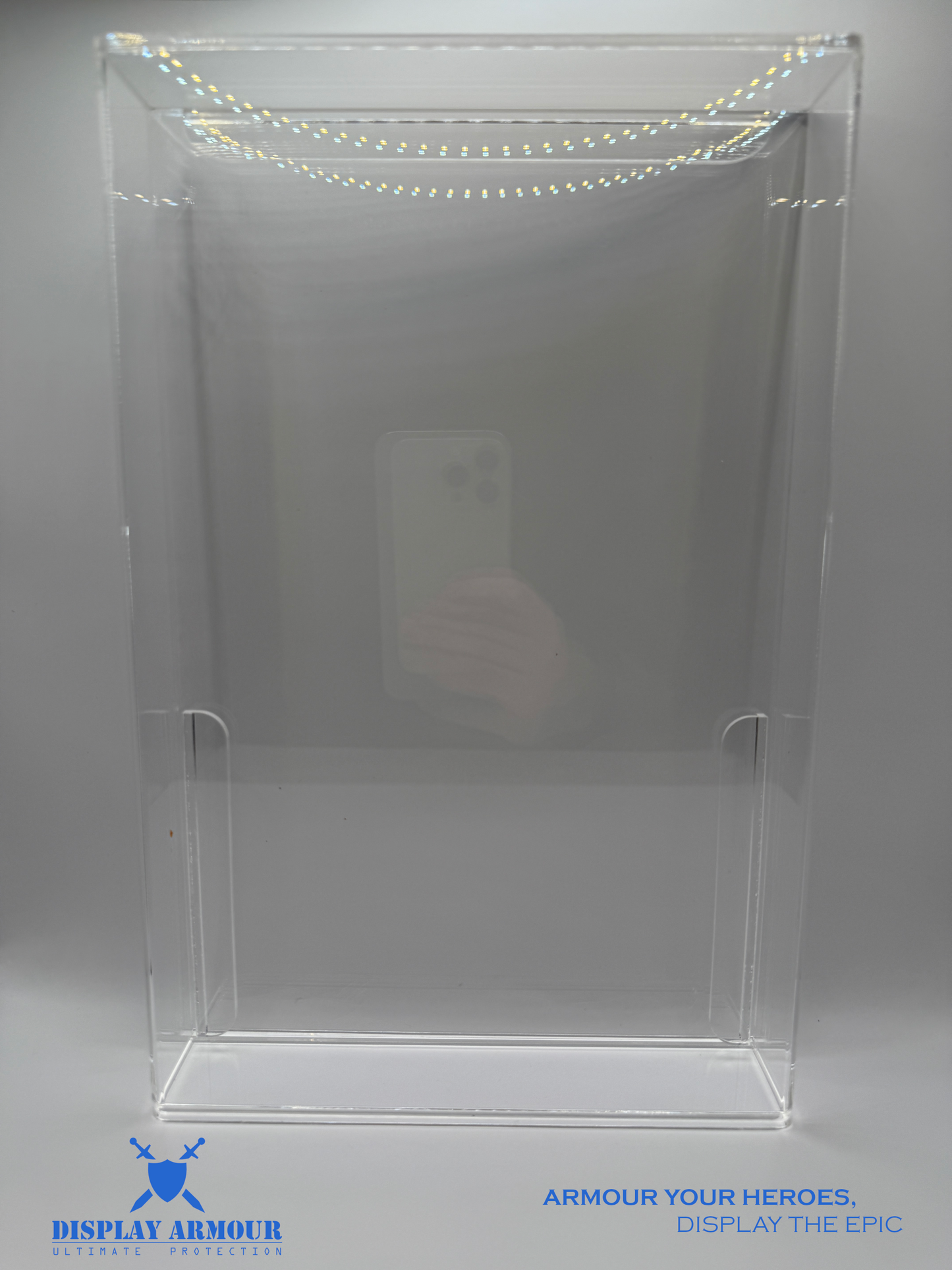 Empty Power Rangers display case by Display Armour, designed to perfectly showcase your Power Rangers action figures with a clear, protective acrylic design and sliding door for easy access.