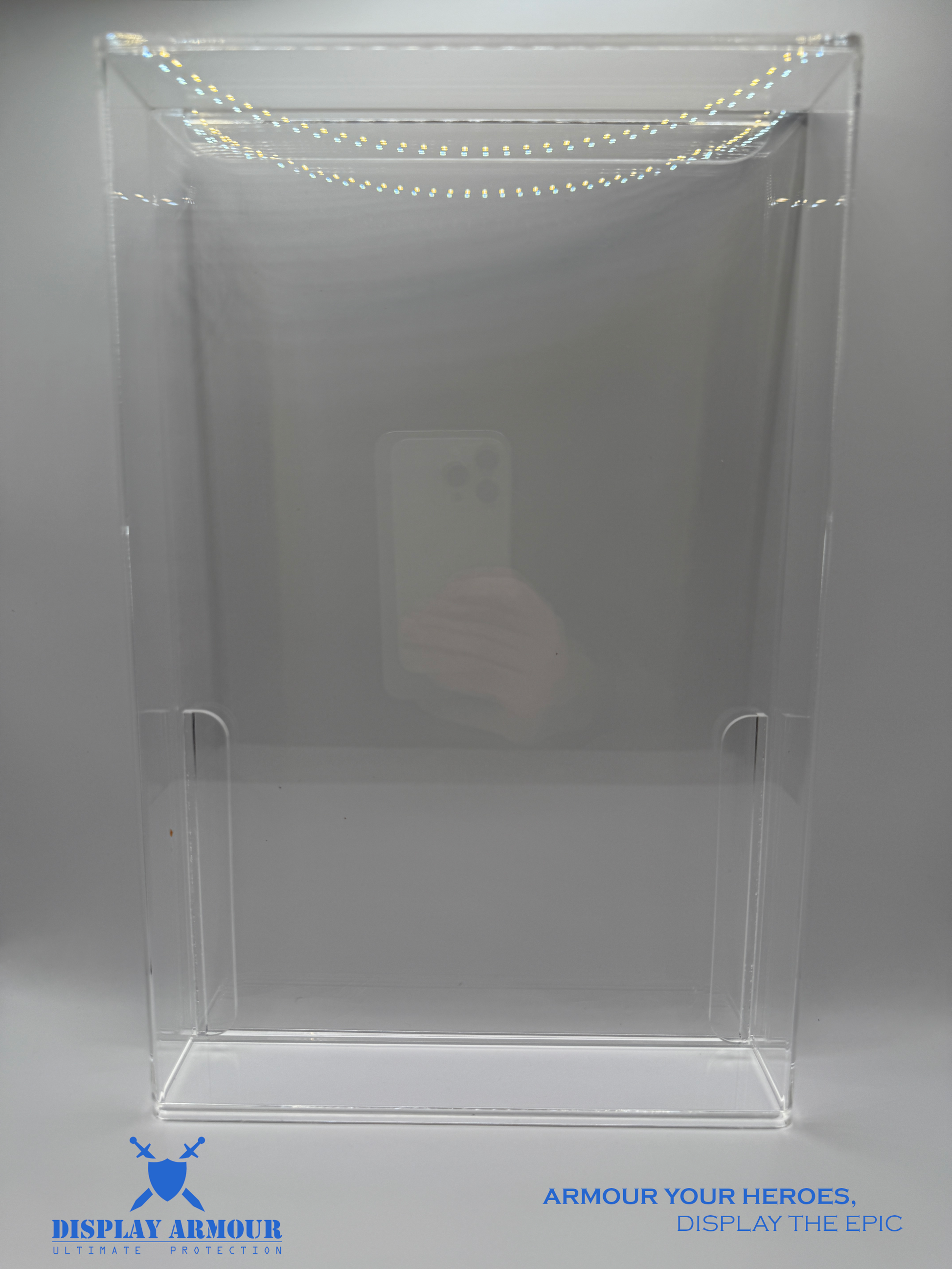 Empty Power Rangers display case by Display Armour, designed to perfectly showcase your Power Rangers action figures with a clear, protective acrylic design and sliding door for easy access.