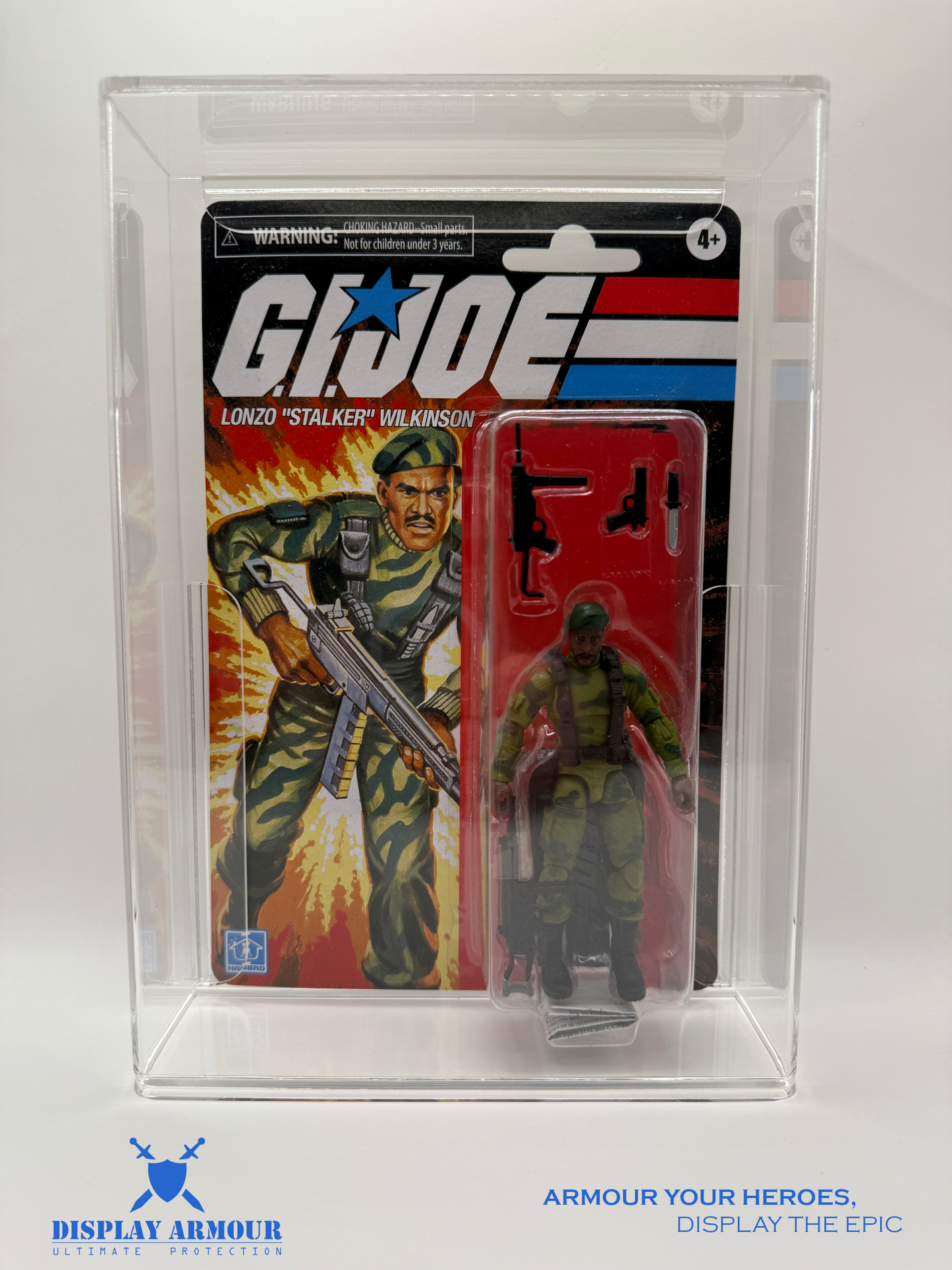 Front view of the GI Joe Modern Hasbro display case by Display Armour, featuring a crystal-clear acrylic design with a sliding door for easy access and showcasing GI Joe action figures.