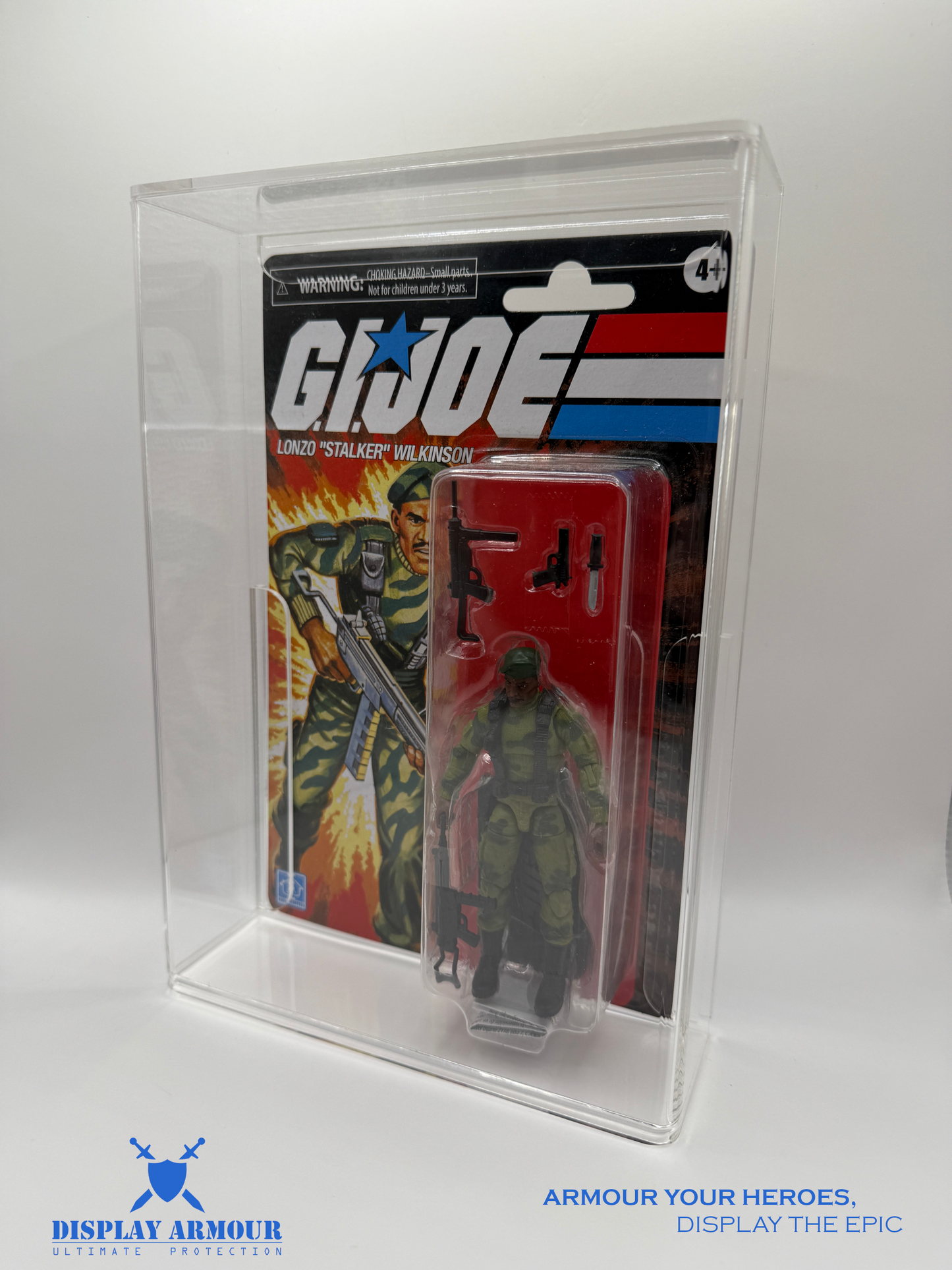 Side view of the GI Joe Modern Hasbro display case by Display Armour, showcasing the sleek, sturdy structure with a sliding door and UV protection for your collectible GI Joe figures.