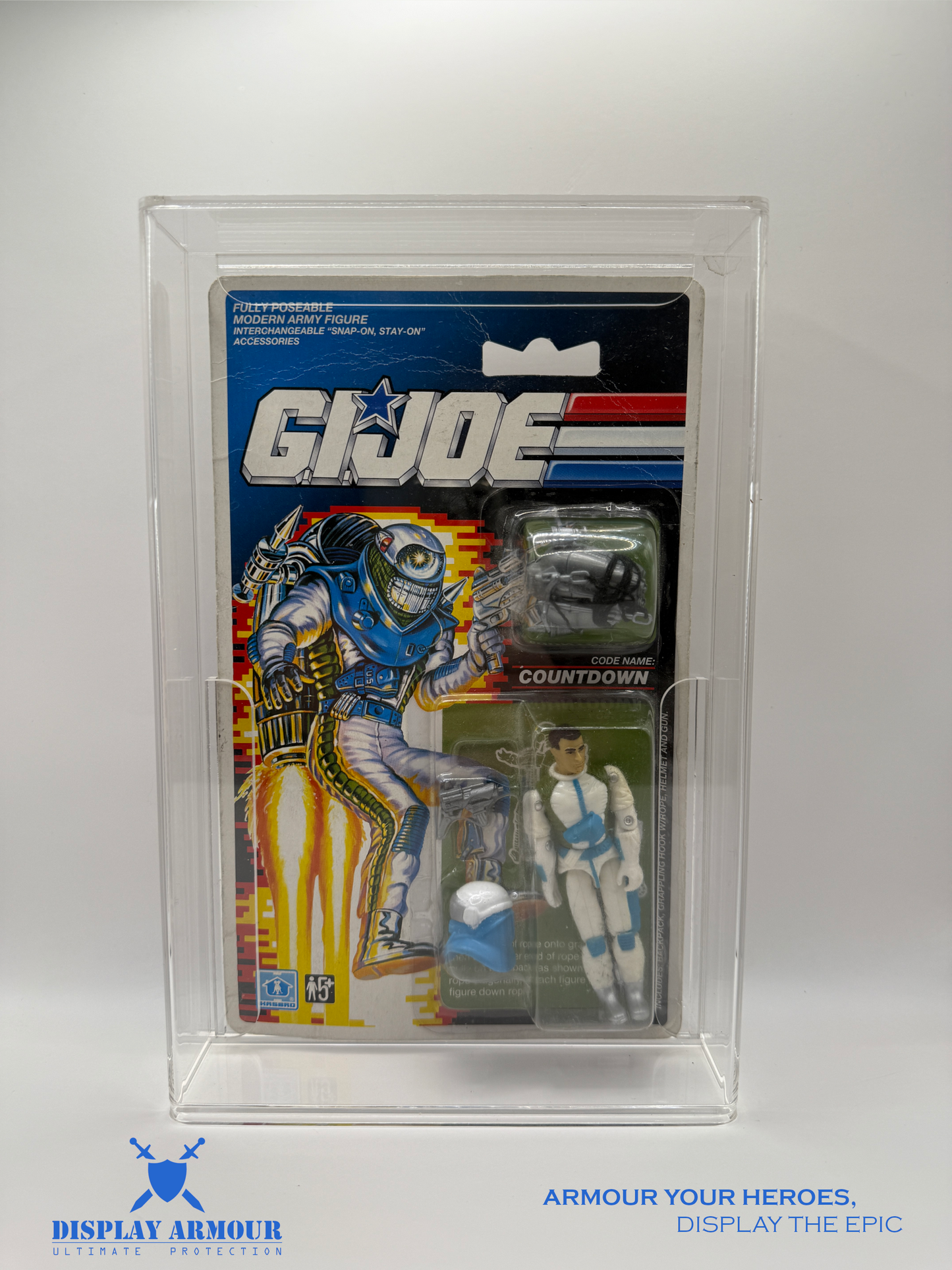 Front view of the GI Joe Tall Euro Cards display case by Display Armour, designed with premium 4mm thick acrylic and a sliding door for easy access to showcase your GI Joe action figures.