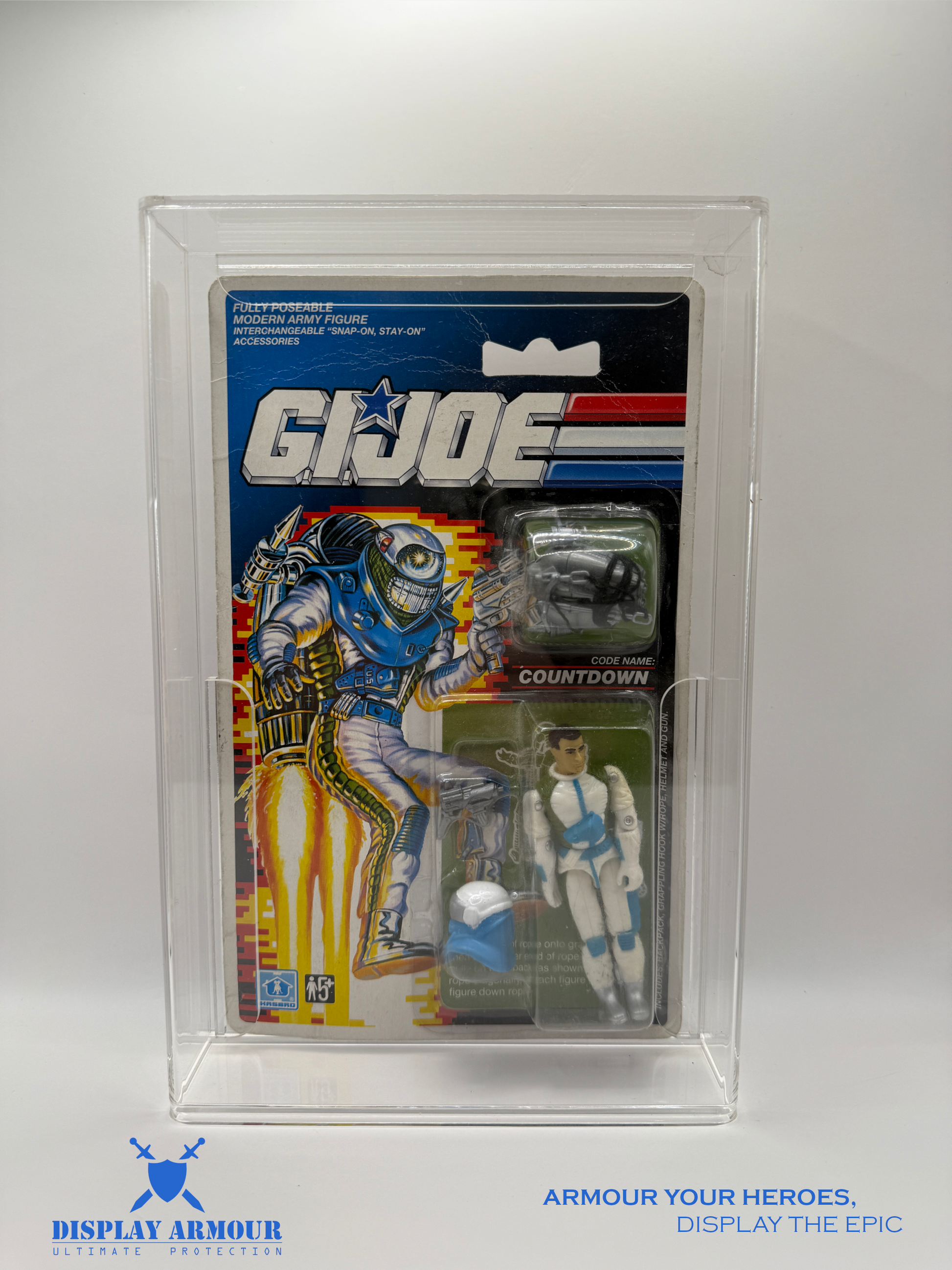 Front view of the GI Joe Tall Euro Cards display case by Display Armour, designed with premium 4mm thick acrylic and a sliding door for easy access to showcase your GI Joe action figures.