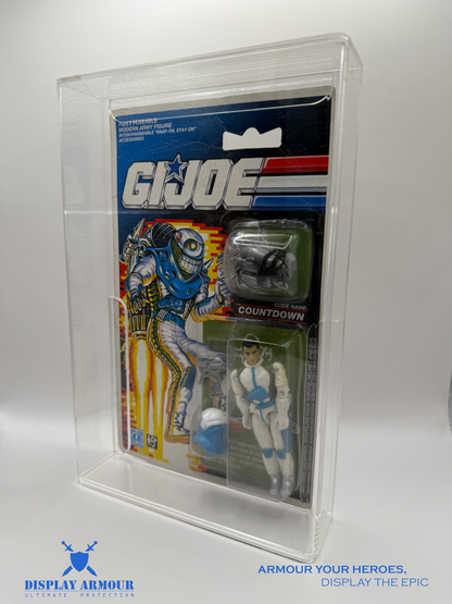 Side view of the GI Joe Tall Euro Cards display case by Display Armour, showing its robust construction with 4mm thick acrylic and sleek design for displaying GI Joe action figures in pristine condition.